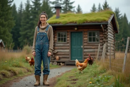 Femme vivant à l'année dans une tiny house sur terrain non constructible avec potager et poules