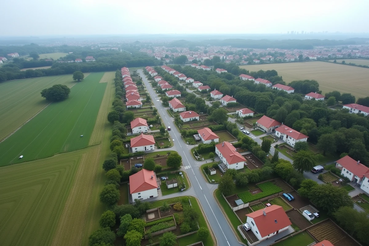 Vue panoramique d'un espace périurbain français révélant la juxtaposition de lotissements pavillonnaires, de terres agricoles et de voies de circulation en périphérie d'une ville