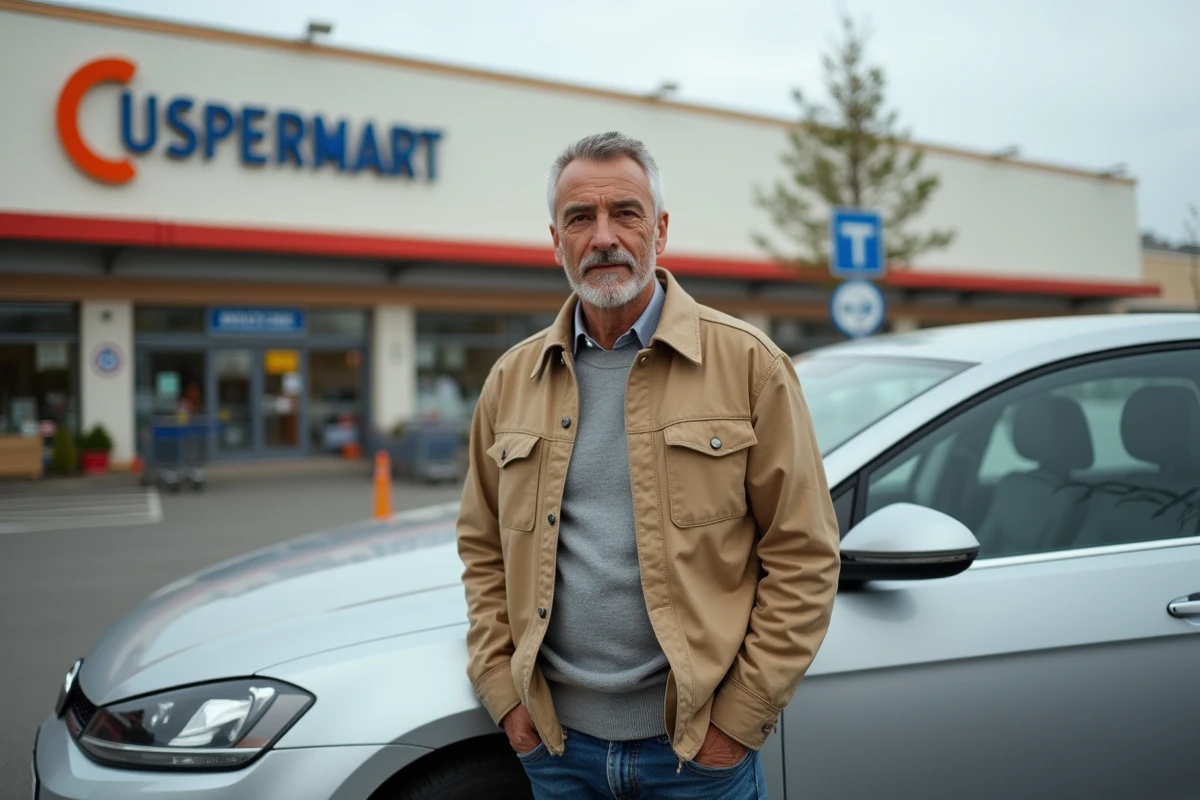 Homme en zone commerciale périurbaine avec parking et grande surface en arrière-plan illustrant les modes de vie en périphérie urbaine